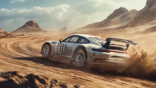 Rally-modified sports car on dusty desert track curve.