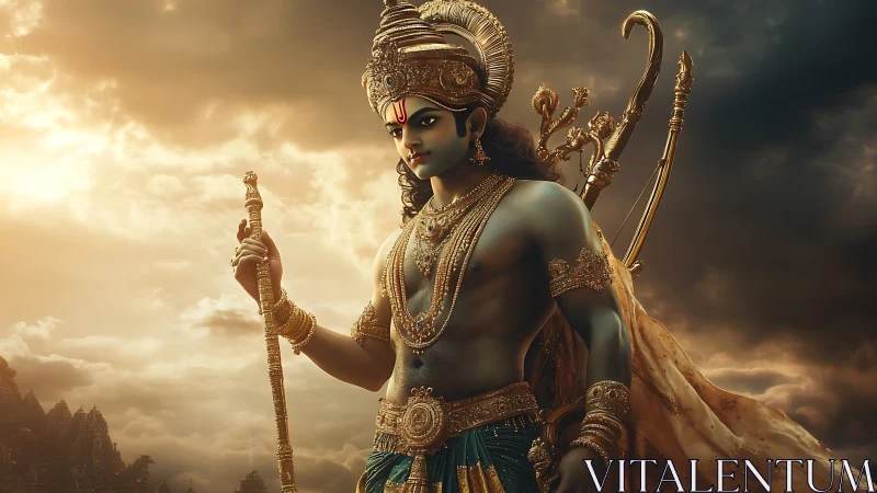 Divine warrior prince stands poised beneath stormy skies.