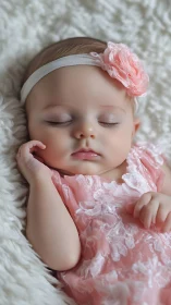 Sleeping Infant Adorned in Pink Floral Lace with Headband