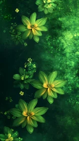 Green and yellow flowers arranged vertically on deep green background.