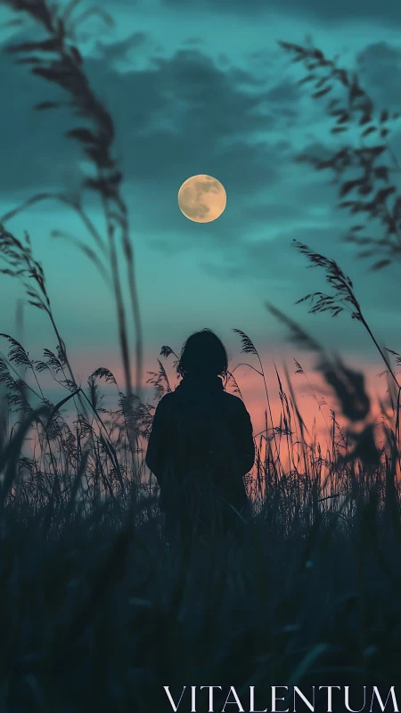 Silhouette watcher under full moon against teal dusk sky.