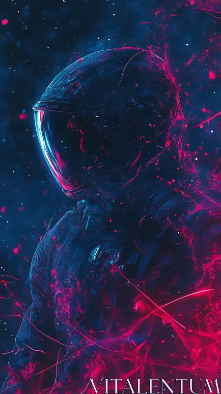 Side-profile astronaut in suit amid neon particle field