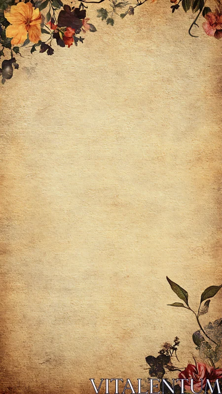 Vintage floral parchment frame courting quiet handwritten tales.