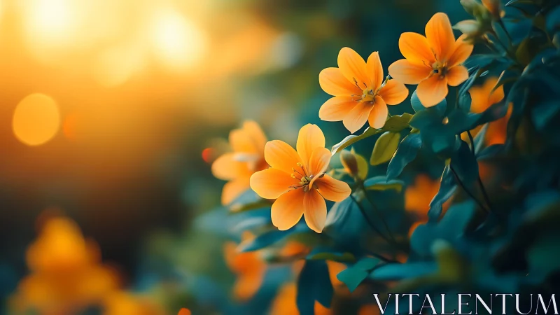 Golden Blossoms Glowing Against Teal Foliage.