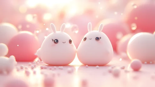 Sweet bunny buddies glowing in a dreamy pink wonderland.