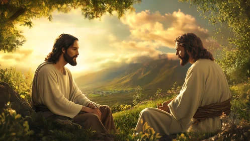 Two robed men seated in pastoral landscape at sunset.