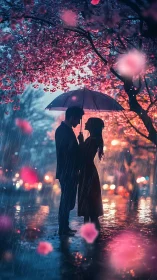 Two silhouetted figures sharing an umbrella during rainfall beneath blooming trees