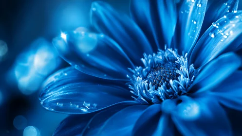 Blue Gerbera Daisy Glistening with Dewdrops and Bokeh