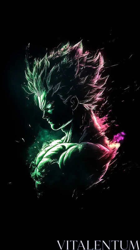 Neon-charged muscular anime warrior in explosive side profile