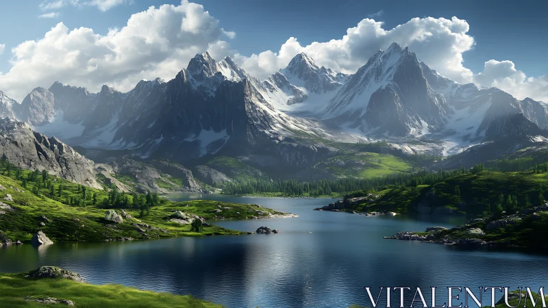 Majestic alpine lake reflects towering snowlit mountain range