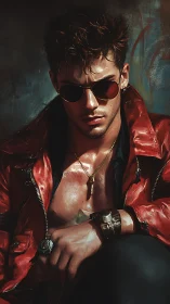 Rebel in red leather, painted in gasoline sunlight swagger.