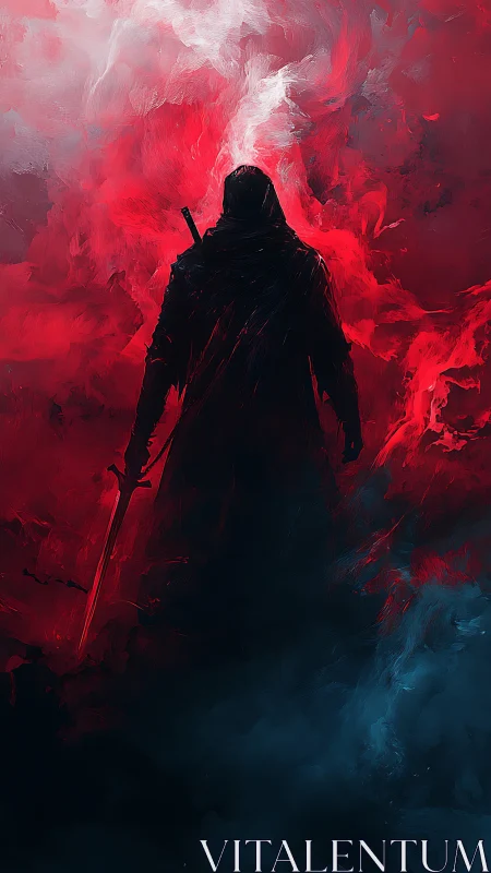 Hooded swordsman silhouette in red and blue swirling mist.