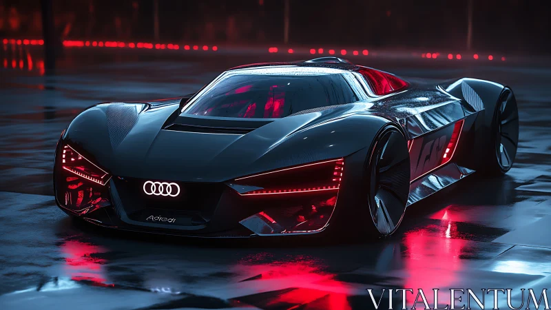 Futuristic Audi concept car rests on wet neon lit pavement