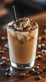 Iced Coffee Indulgence: Chocolate Shards Crown Creamy Swirl.