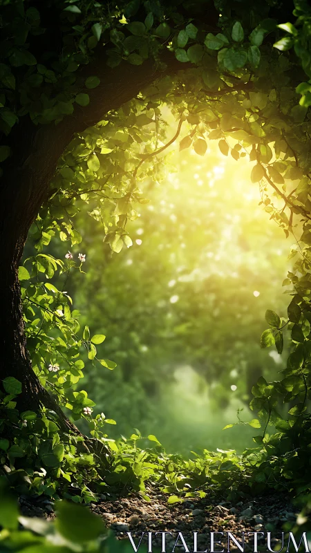 Sunlit forest path framed by vegetation and foliage canopy.