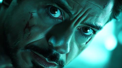 Intense close-up portrait glowing with teal determination.