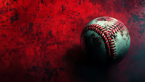 Weathered baseball under hard side lighting against distressed red