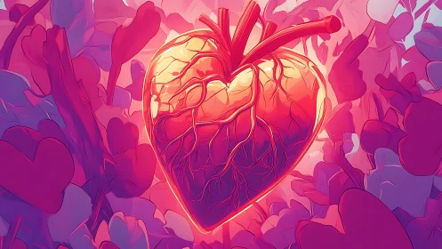 Glowing Anatomical Heart Surrounded by Luminous Love.
