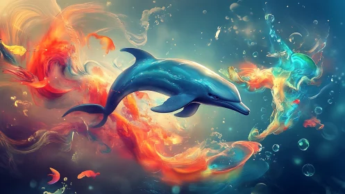 Chromatic dolphin glides through abstract liquid nebula forms
