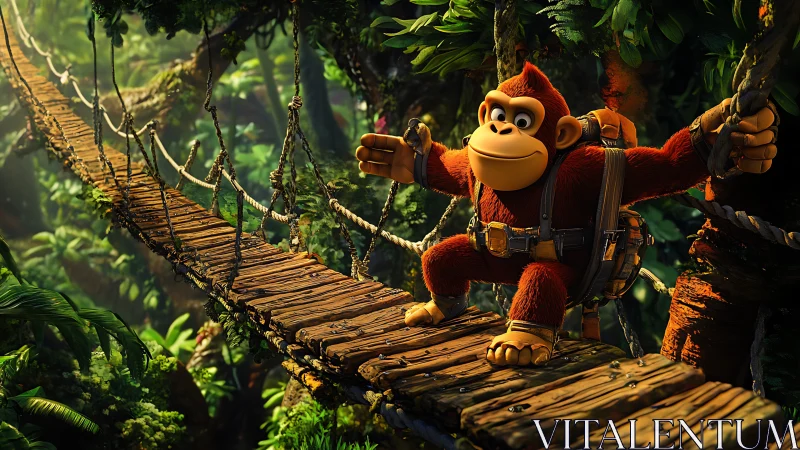 Cartoon gorilla crosses sunlit jungle rope bridge in 3D.
