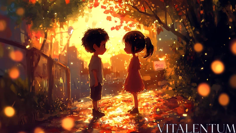 Two children stand under glowing autumn trees at sunset.
