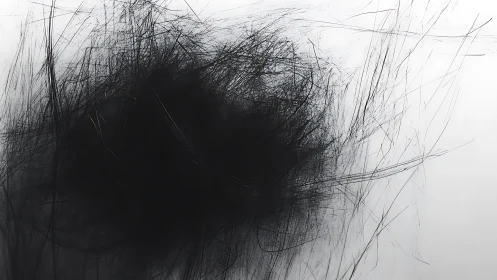 Chaotic Black Scribble Abstract on White Background, Modern Art.