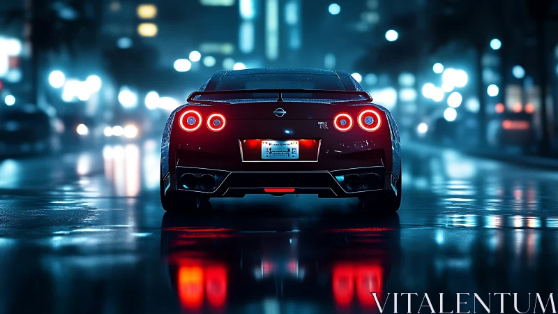 Red sports coupe accelerates through neon-soaked wet city street