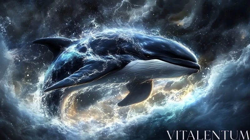 Whale rendered in luminous swirling cosmic seascape environment.