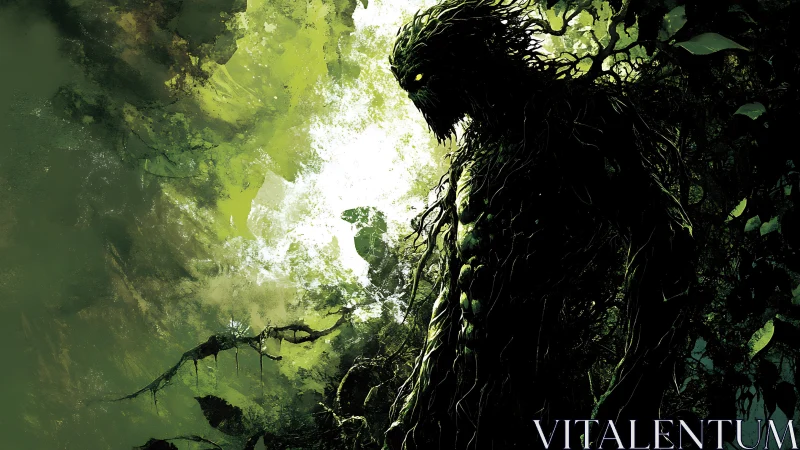 Humanoid plant entity in dense green forest environment.