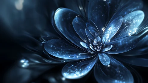 Starlit glass blossom unfolding in deep midnight blue.