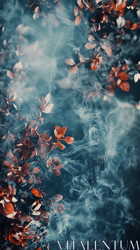 Copper leaves drift through teal-tinted whispers of fog