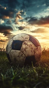 Weathered soccer ball resting on grass at sunset field.