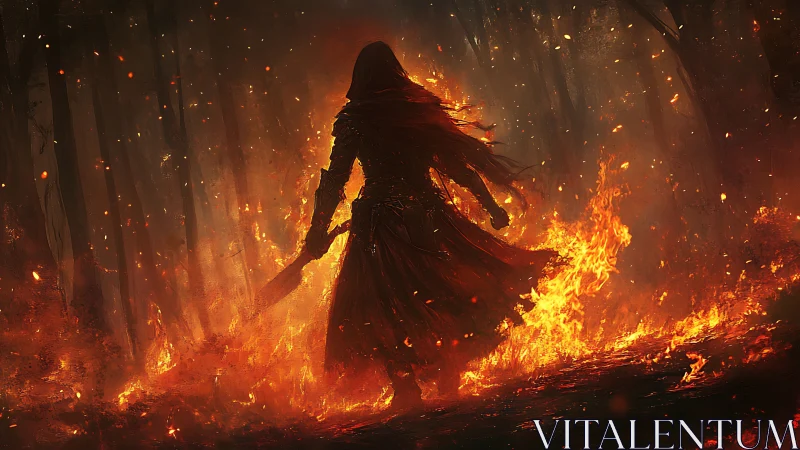 Hooded emberwalker strides through a burning forest dusk.