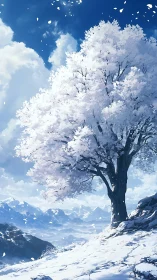 Solitary snow‑covered blossom tree overlooks distant alpine range