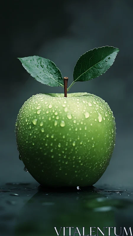 Dew-kissed green apple under moody studio lighting.