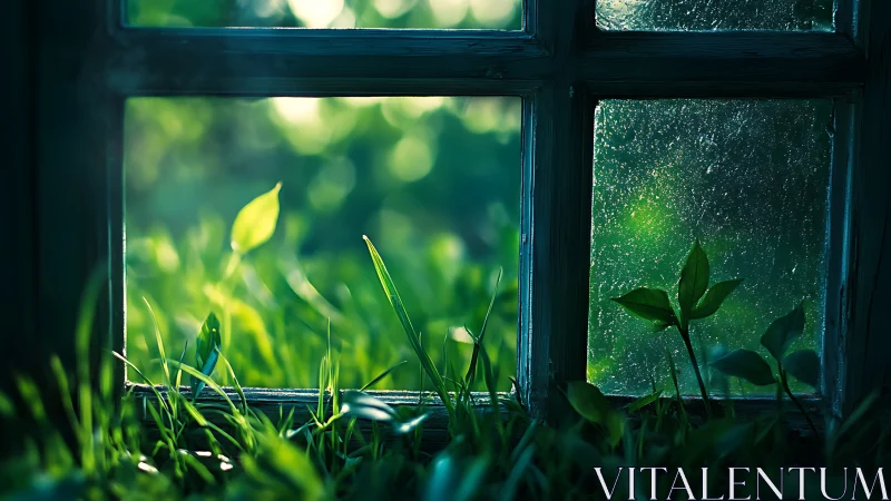Sunlit grass and leaves framed by an aged rustic window pane