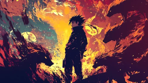 Lone warrior amid flaming wolf spirits under burning sky.