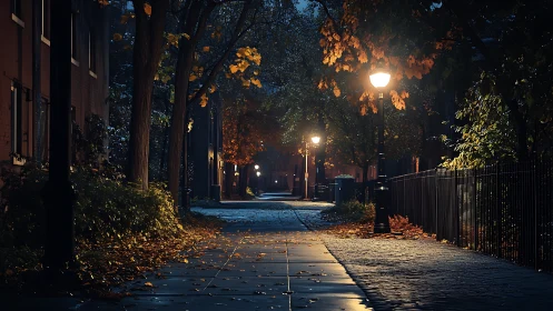 Quiet autumn city walkway glowing under gentle lamplight.