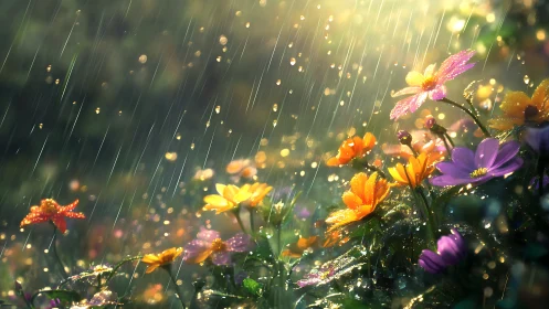 Backlit flowers in rain with golden bokeh and water droplets.