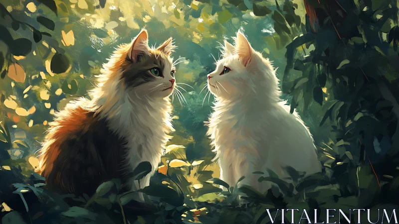 Two Long-Haired Felines in Dappled Botanical Setting.
