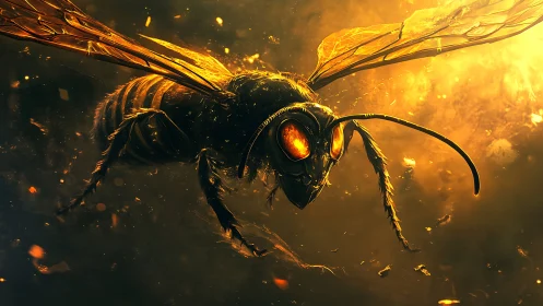 Infernal hornet macro rendered in molten amber light.