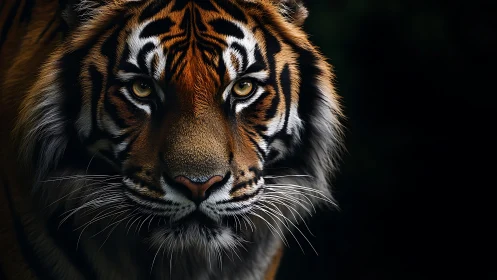 Macro telephoto portrait of tiger under low key lighting.