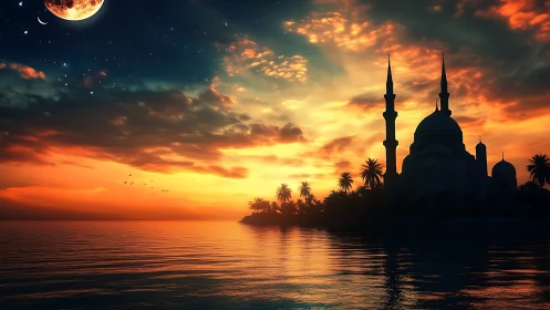 Moonlit mosque by the sea under glowing twilight skies.