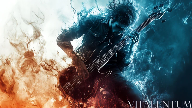 Rock bassist engulfed in fiery blue dual-tone energy storm.