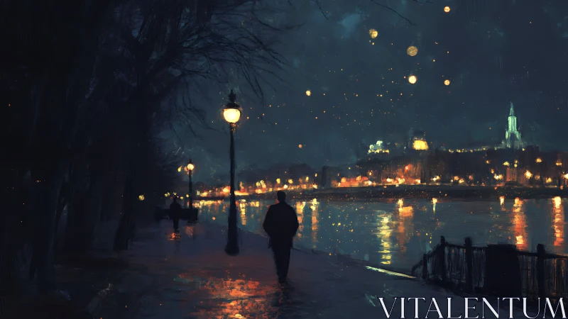 Solitary figure walks beside a river under glowing city lights