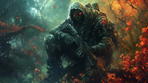 Ghost sniper crouches in emberlit forest of falling leaves.