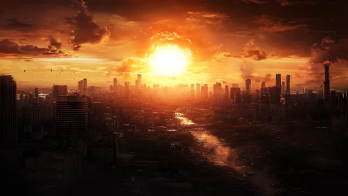 Thermonuclear sunrise over dense megacity skyline simulation.