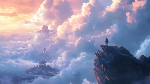 Solitary wanderer gazes toward radiant floating citadels.