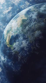 Oblique orbital view of Earth with cloud and ocean detail.