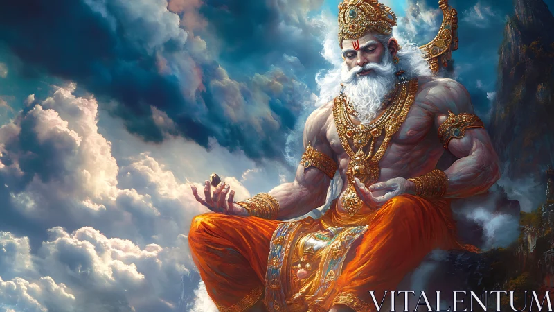 Muscular sky deity meditates amid volumetric clouds and ornate gold